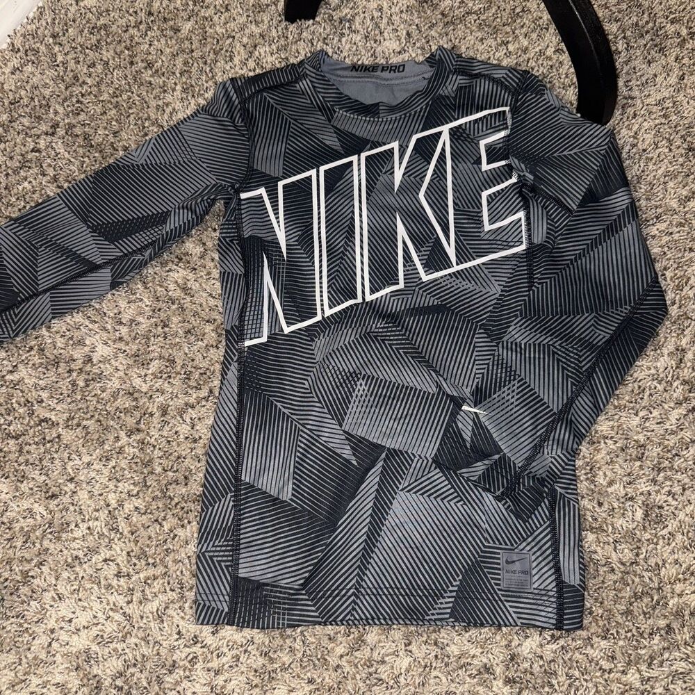 Nike Pro Dri-Fit Stay Warm Shirt Youth Med Black Compression AOP Geometric Light